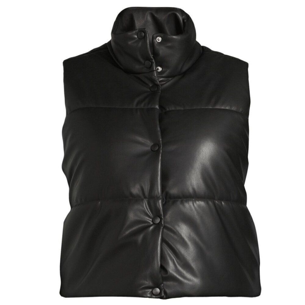 No Boundaries Black Faux Leather Puffer Vest XXL 19 Quilted Snap Front Outerwear